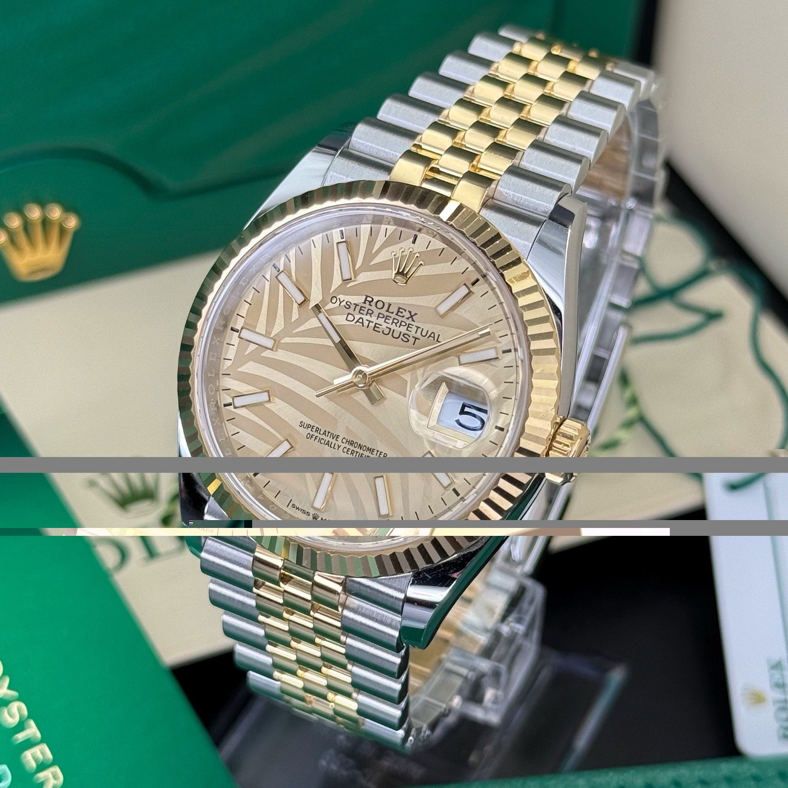 Rolex Palm Motif Dial Datejust 36 126233 Yellow Gold Rolesor Jubilee Flutted - Image 3